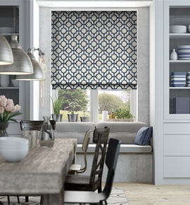 White & Navy Blue Patterned Window Shade Photo