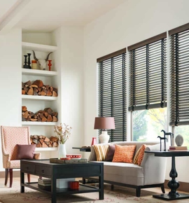 2" Driftwood Gray Wood Blinds with Blue Cloth Tape Photo