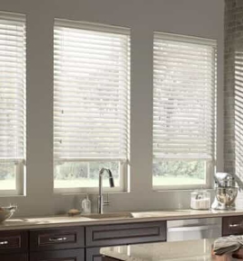 White 2” faux wood blinds in kitchen with dark cabinets Photo