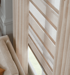 Beige color drapes paired with sheer horizontal shades Photo