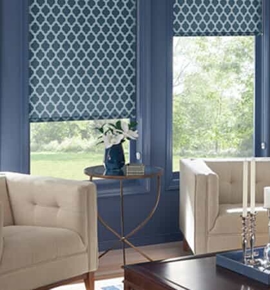 Blue patterned roller shades in living room Photo