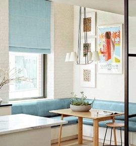 Blue Roman Shades in kitchen nook Photo