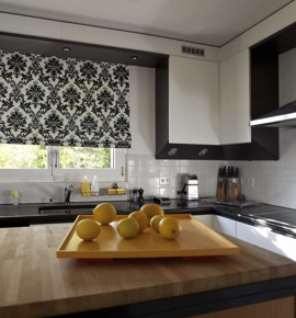 Black and white patterned Roman Shades in kitchen Photo